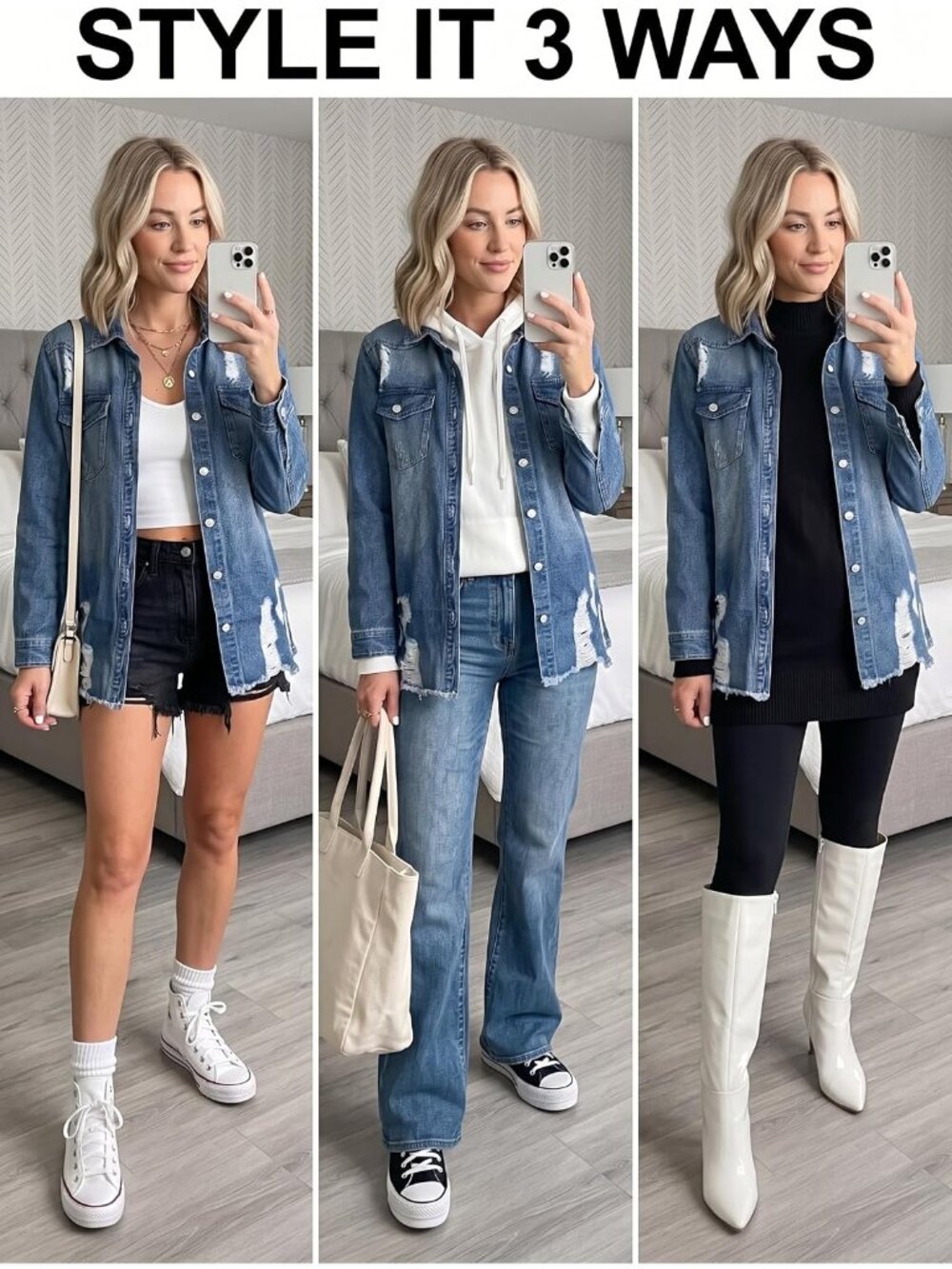 Women's Blue Button Down Oversized Distressed Boyfriend Jean Jacket Fall Outfits - Picture 4 of 6